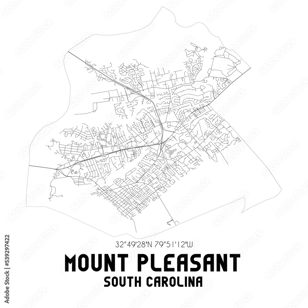 Mount Pleasant South Carolina. US street map with black and white lines.