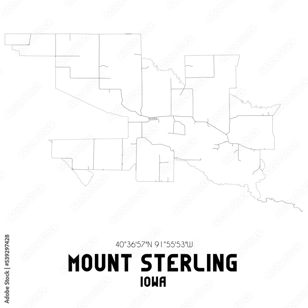Mount Sterling Iowa. US street map with black and white lines.