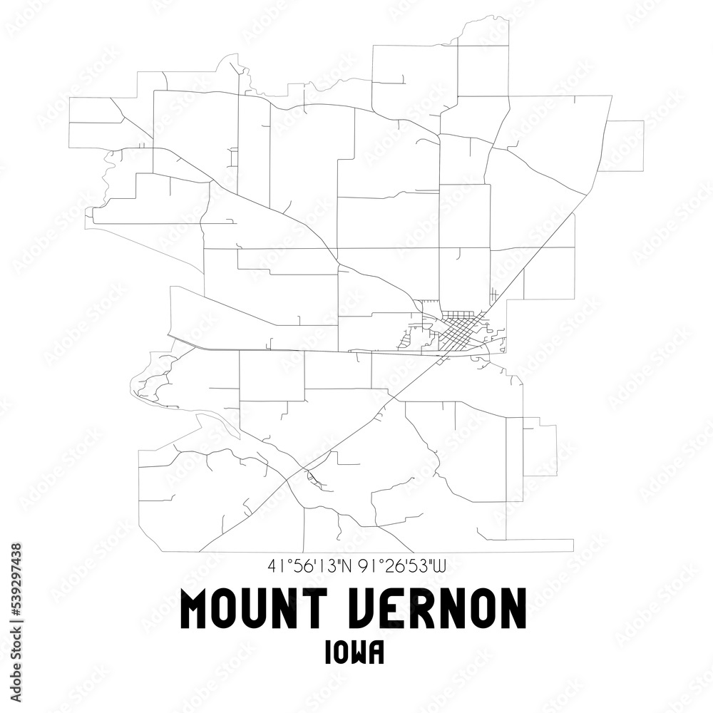 Mount Vernon Iowa. US street map with black and white lines.