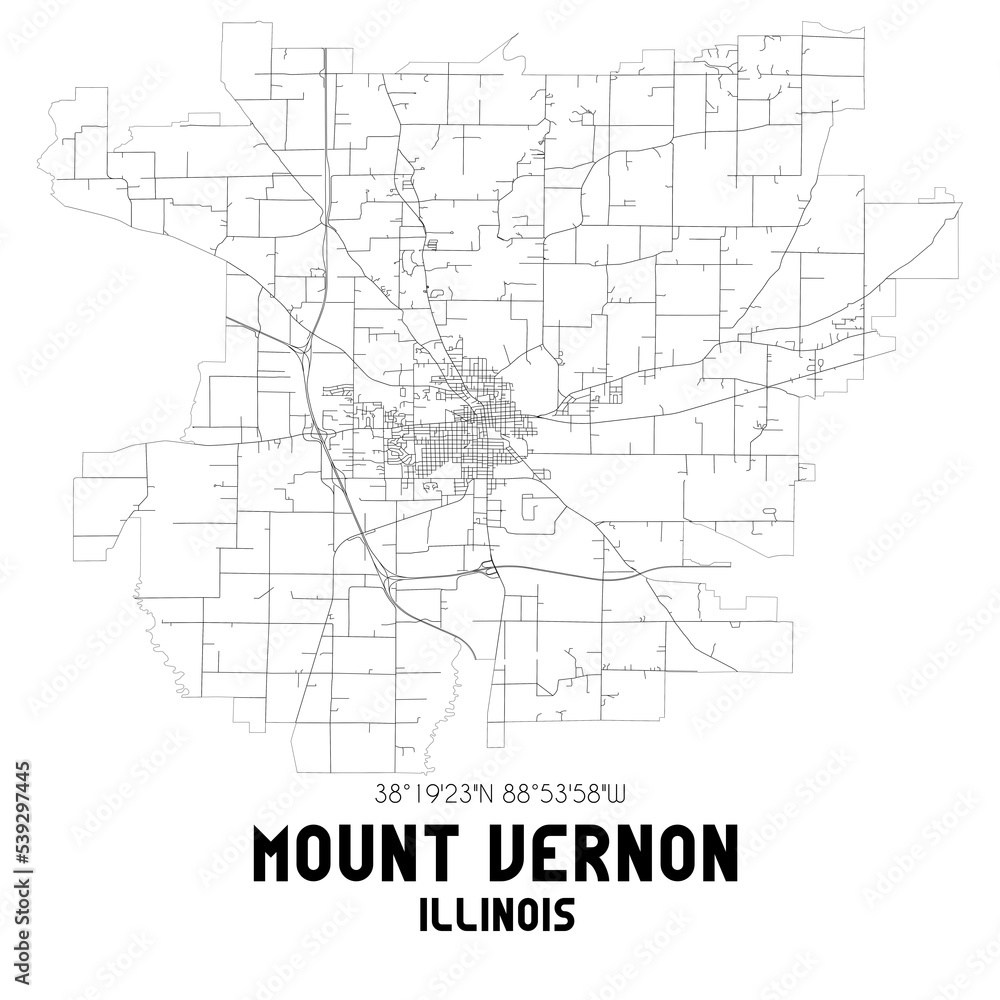 Mount Vernon Illinois. US street map with black and white lines.
