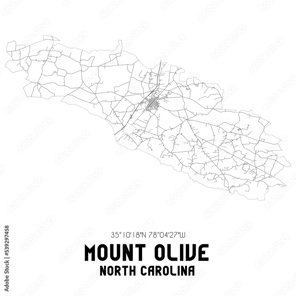 Mount Olive North Carolina. US street map with black and white lines.