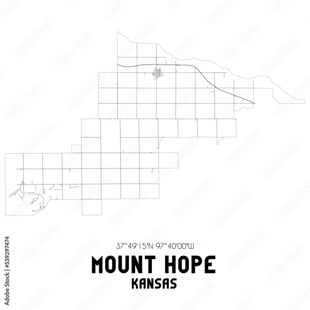 Mount Hope Kansas. US street map with black and white lines.