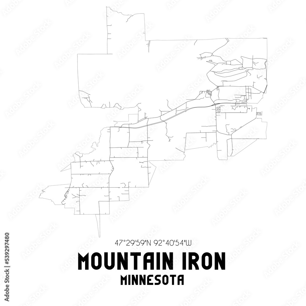 Mountain Iron Minnesota. US street map with black and white lines.