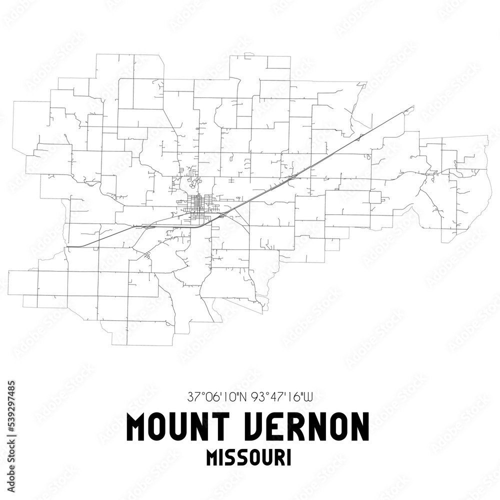 Mount Vernon Missouri. US street map with black and white lines.