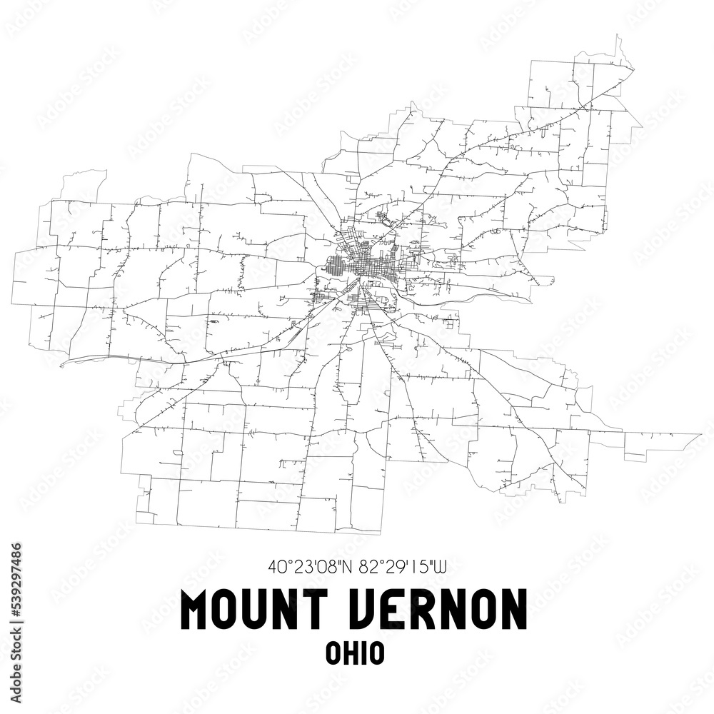 Mount Vernon Ohio. US street map with black and white lines.