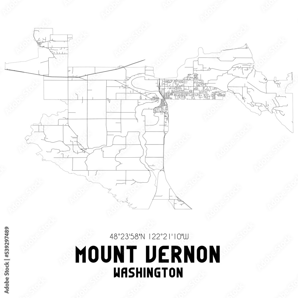 Mount Vernon Washington. US street map with black and white lines.