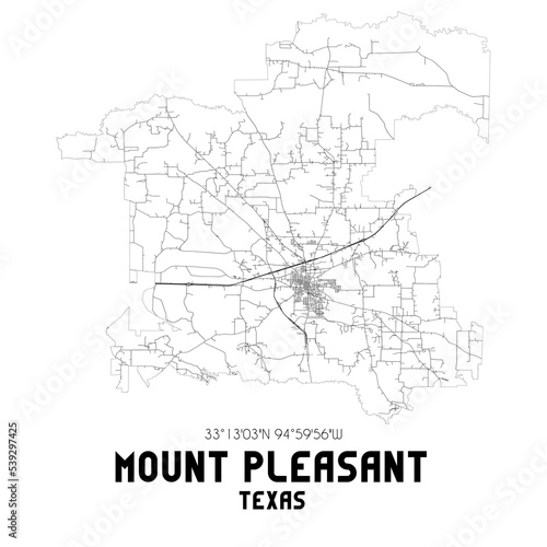 Mount Pleasant Texas. US street map with black and white lines.