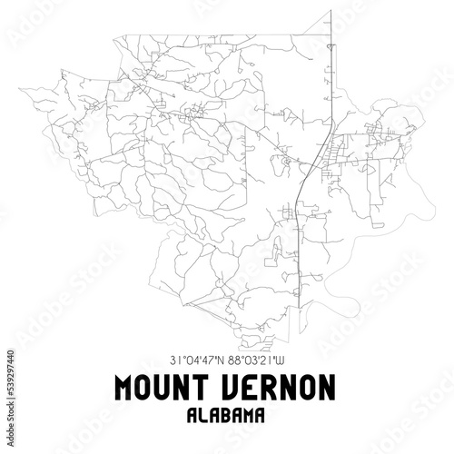 Mount Vernon Alabama. US street map with black and white lines.