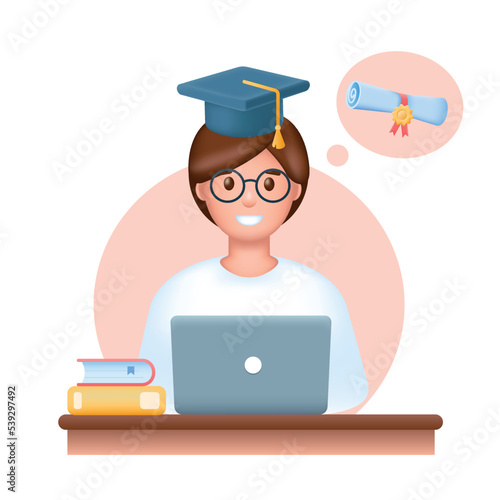 Online education, e-learning concept. Smiling Young woman in graduation cap with laptop thinking about diploma. 3d Realistic cartoon character vector illustration.