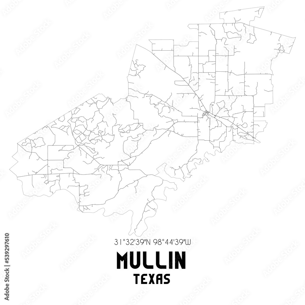 Mullin Texas. US street map with black and white lines.