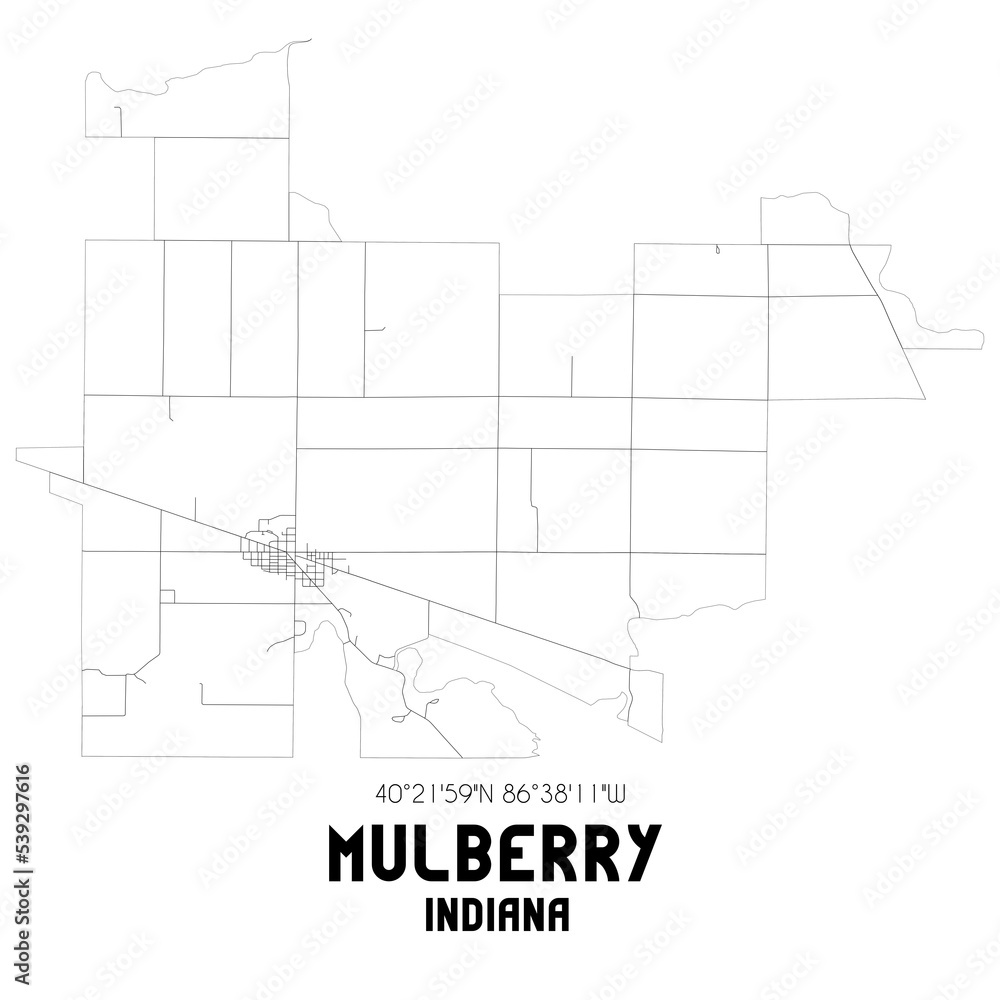 Mulberry Indiana. US street map with black and white lines.
