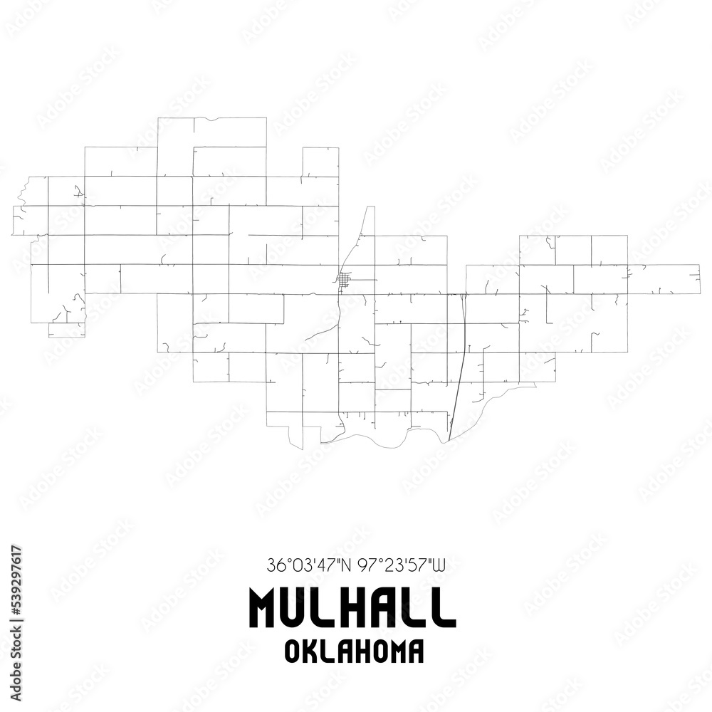 Mulhall Oklahoma. US street map with black and white lines.