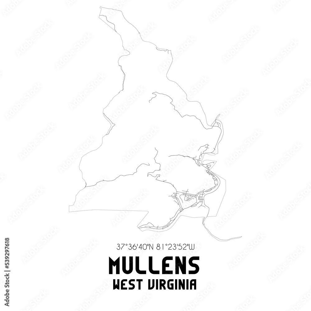 Mullens West Virginia. US street map with black and white lines. Stock