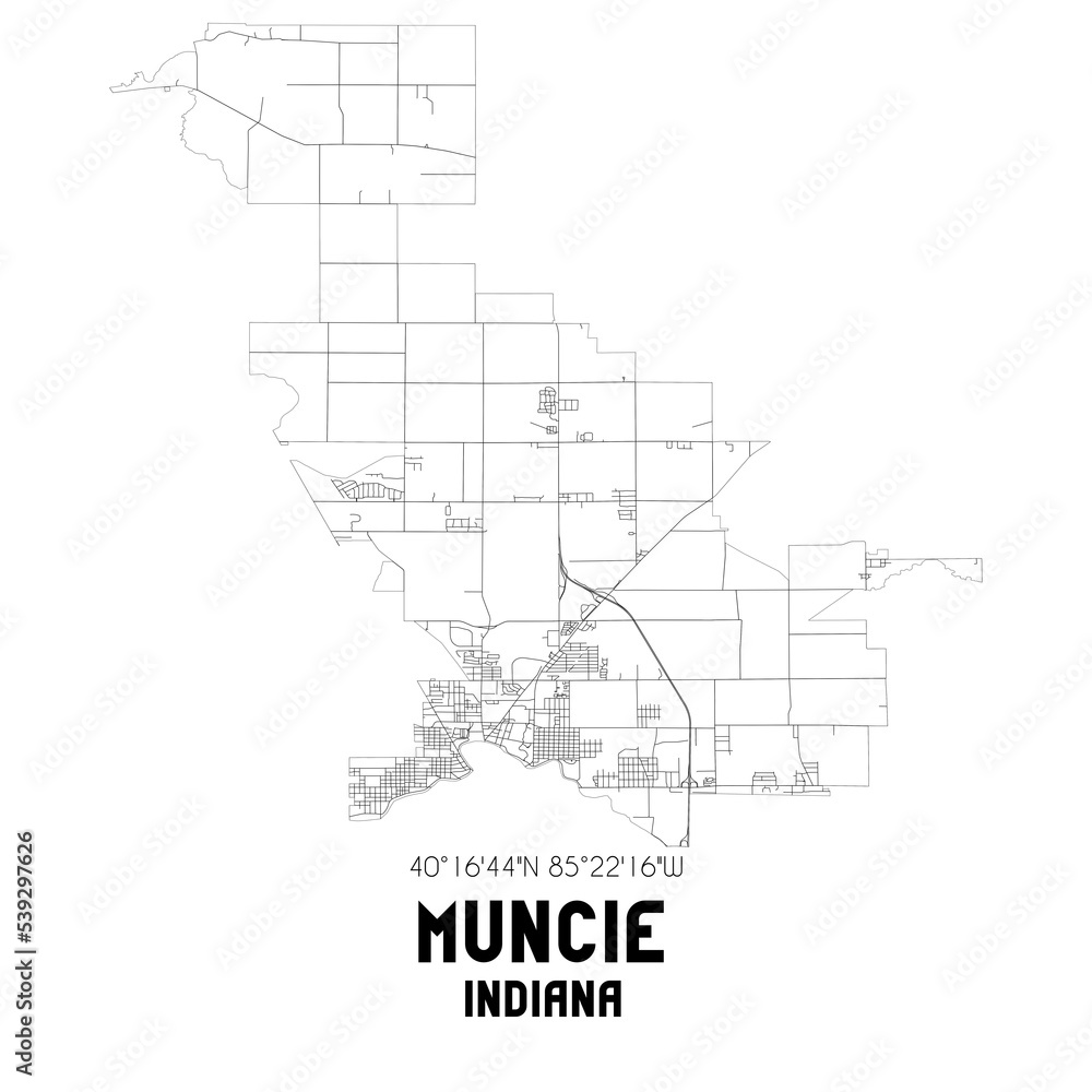 Muncie Indiana. US street map with black and white lines.