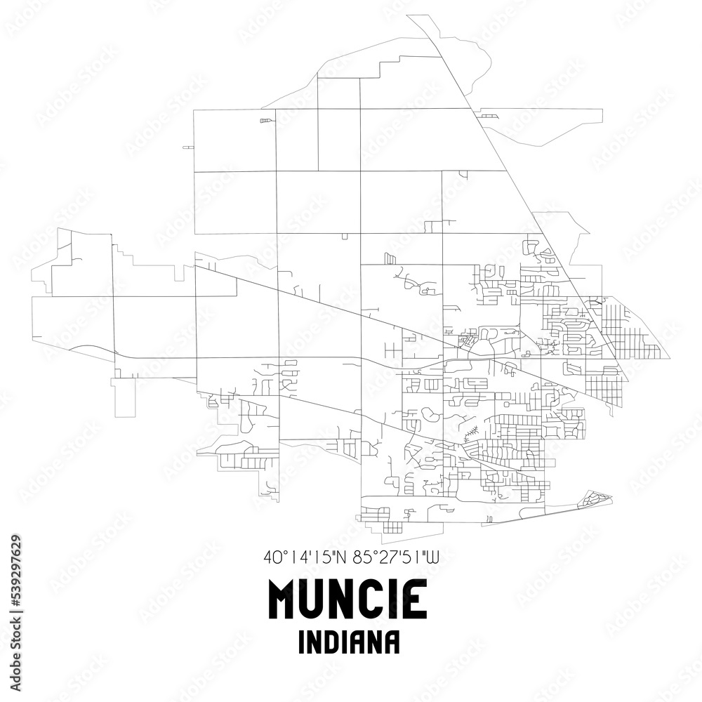 Muncie Indiana. US street map with black and white lines.