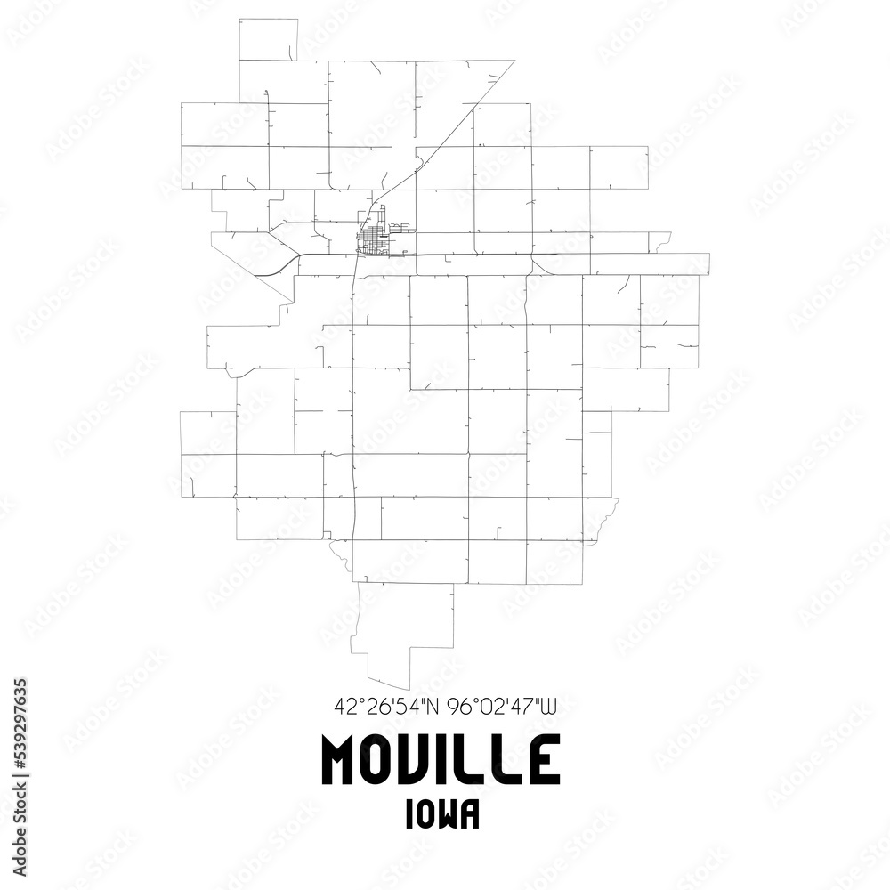Moville Iowa. US street map with black and white lines.