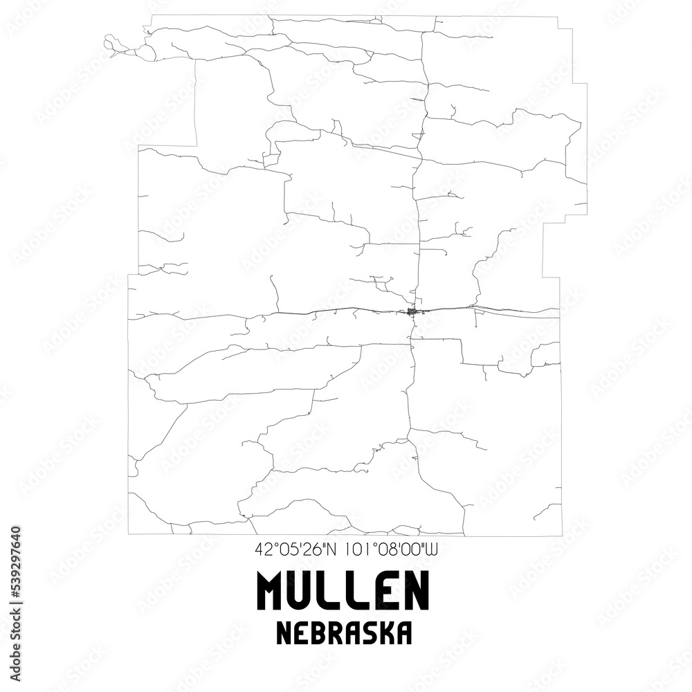 Mullen Nebraska. US street map with black and white lines. Stock