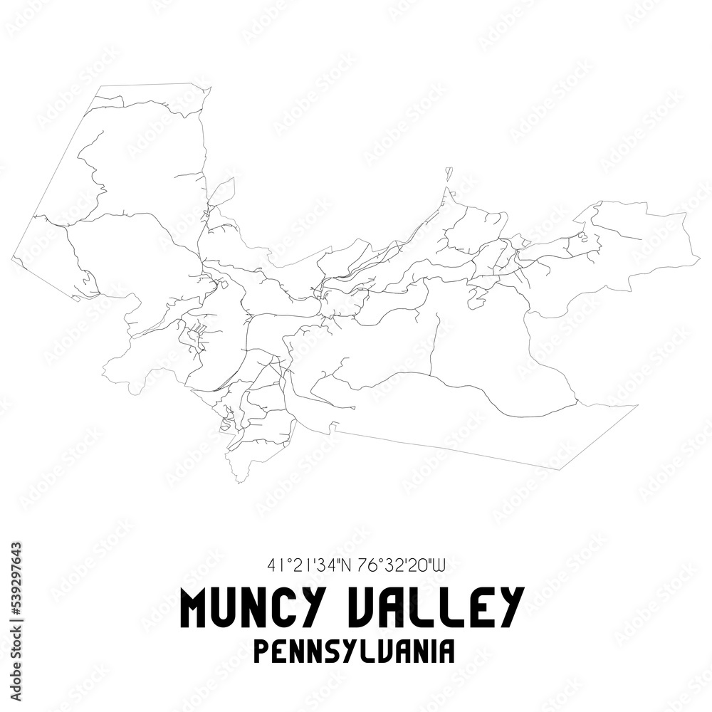 Muncy Valley Pennsylvania. US street map with black and white lines.