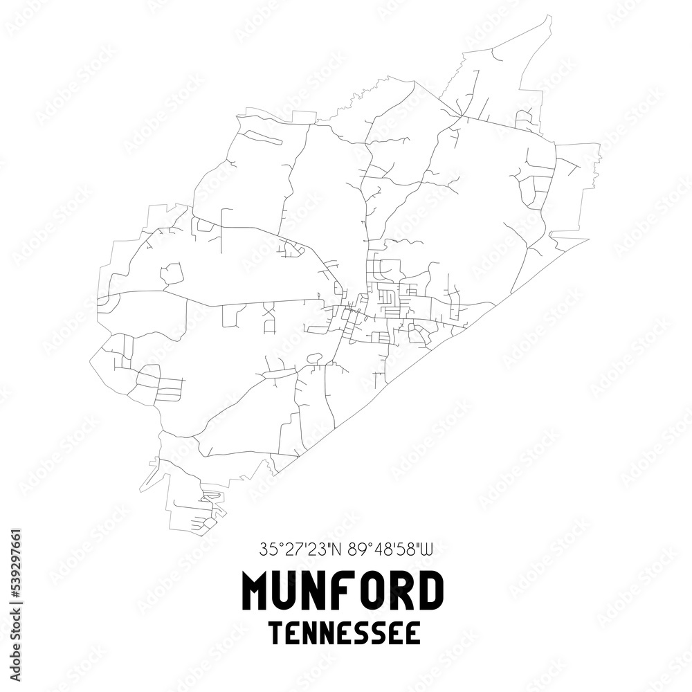 Munford Tennessee. US street map with black and white lines.
