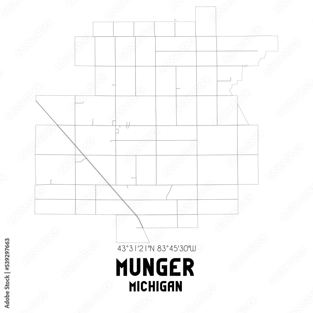 Munger Michigan. US street map with black and white lines.