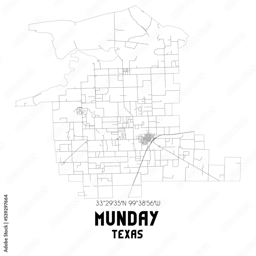 Munday Texas. US street map with black and white lines.