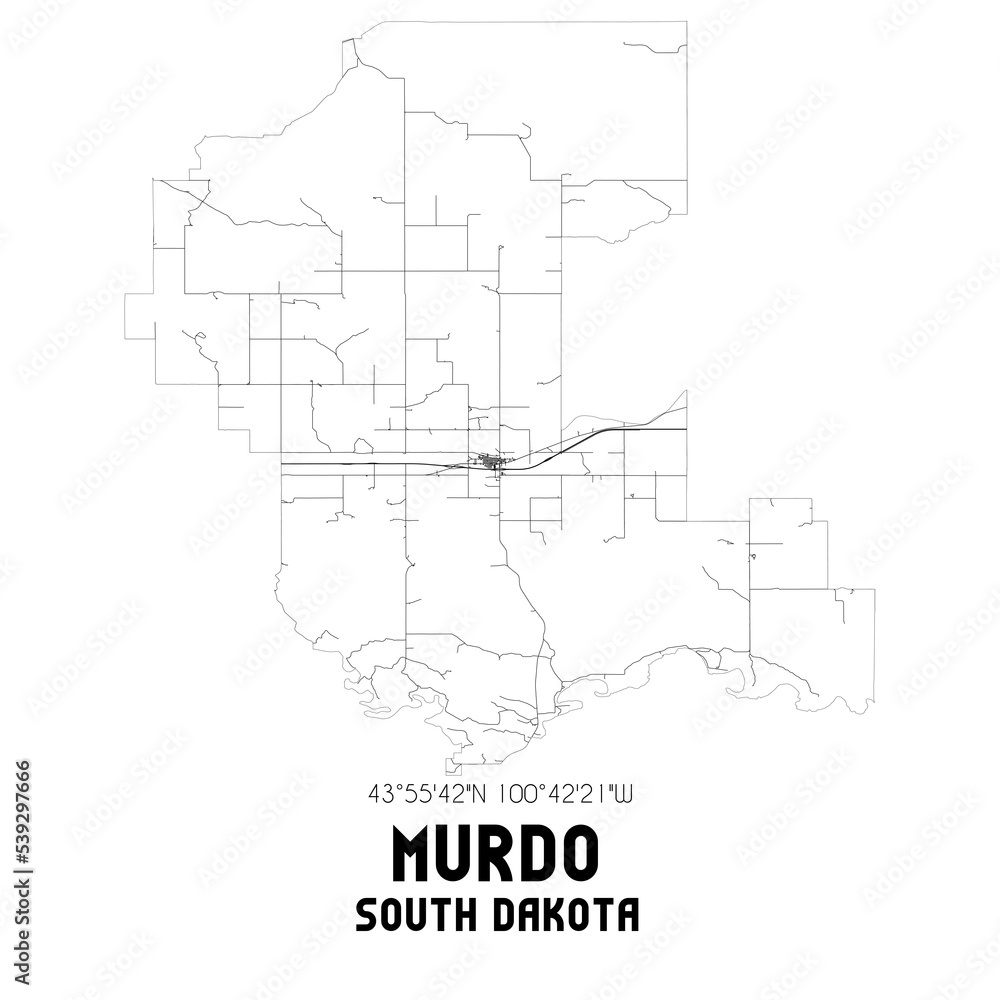 Murdo South Dakota. US street map with black and white lines.