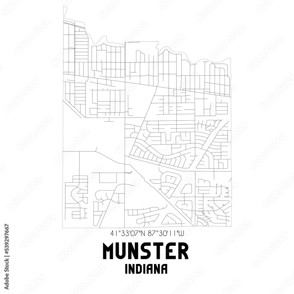Munster Indiana. US street map with black and white lines.