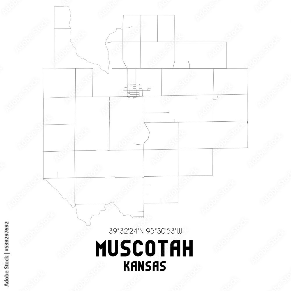 Muscotah Kansas. US street map with black and white lines.