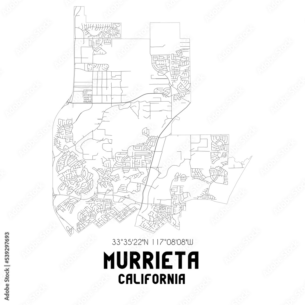 Murrieta California. US street map with black and white lines.