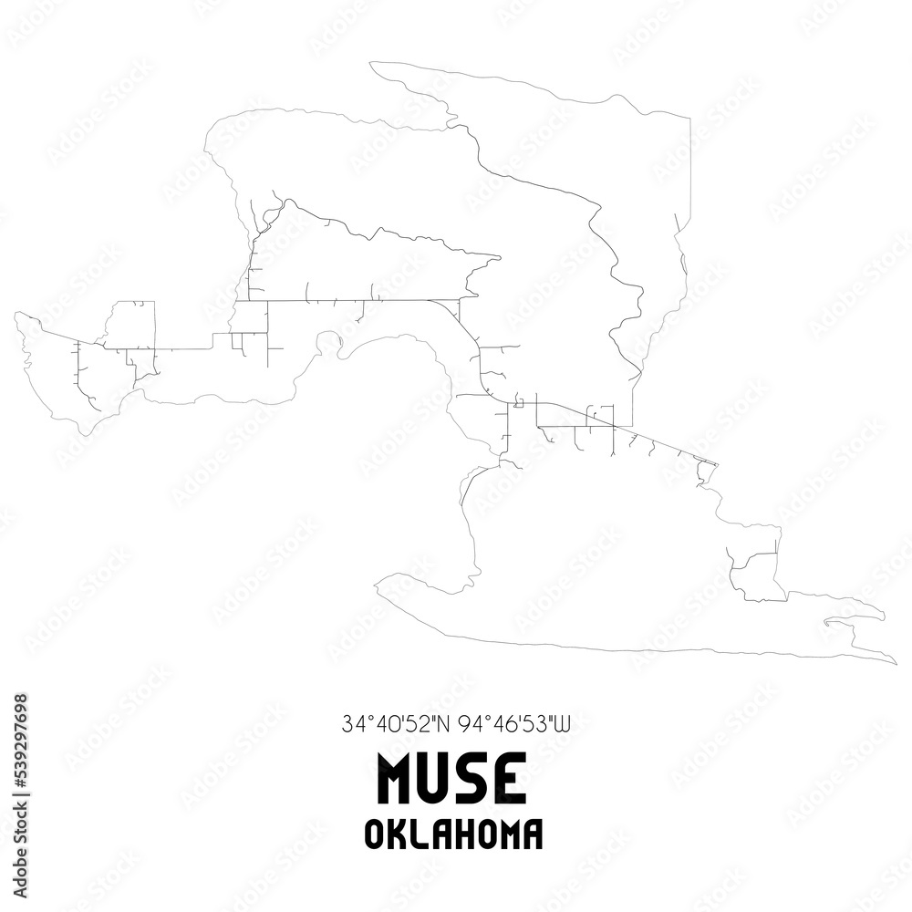 Muse Oklahoma. US street map with black and white lines. Muse Oklahoma. US street map with black and white lines.