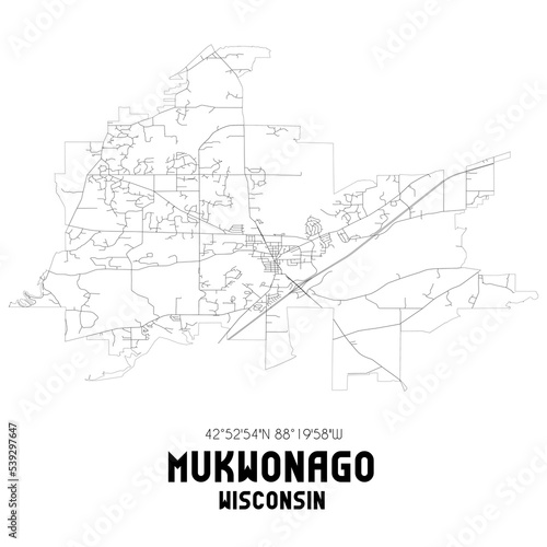 Mukwonago Wisconsin. US street map with black and white lines.
