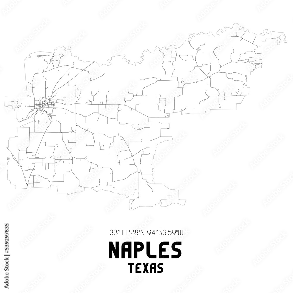 Naples Texas. US street map with black and white lines.