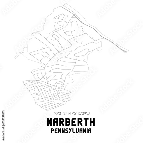 Narberth Pennsylvania. US street map with black and white lines.