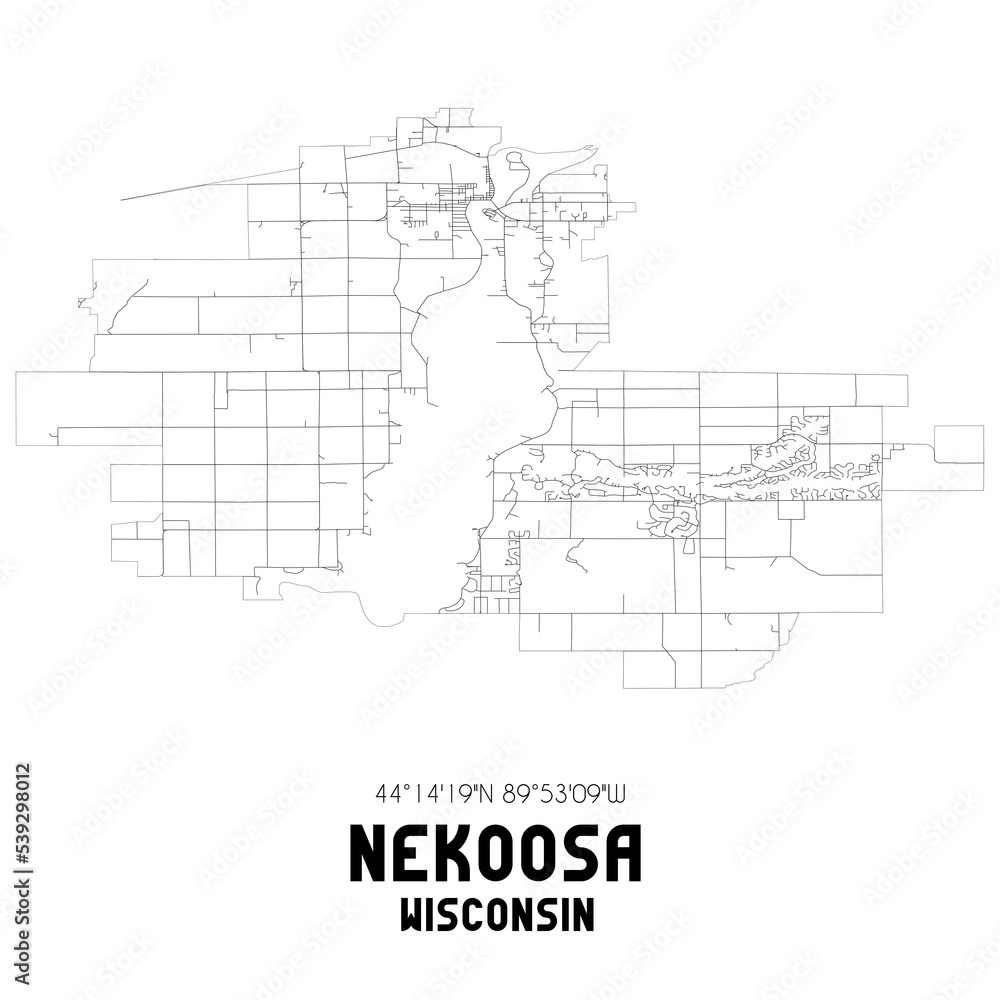 Nekoosa Wisconsin. US street map with black and white lines.