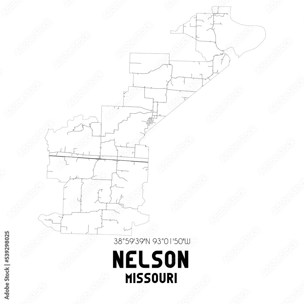 Nelson Missouri. US street map with black and white lines.