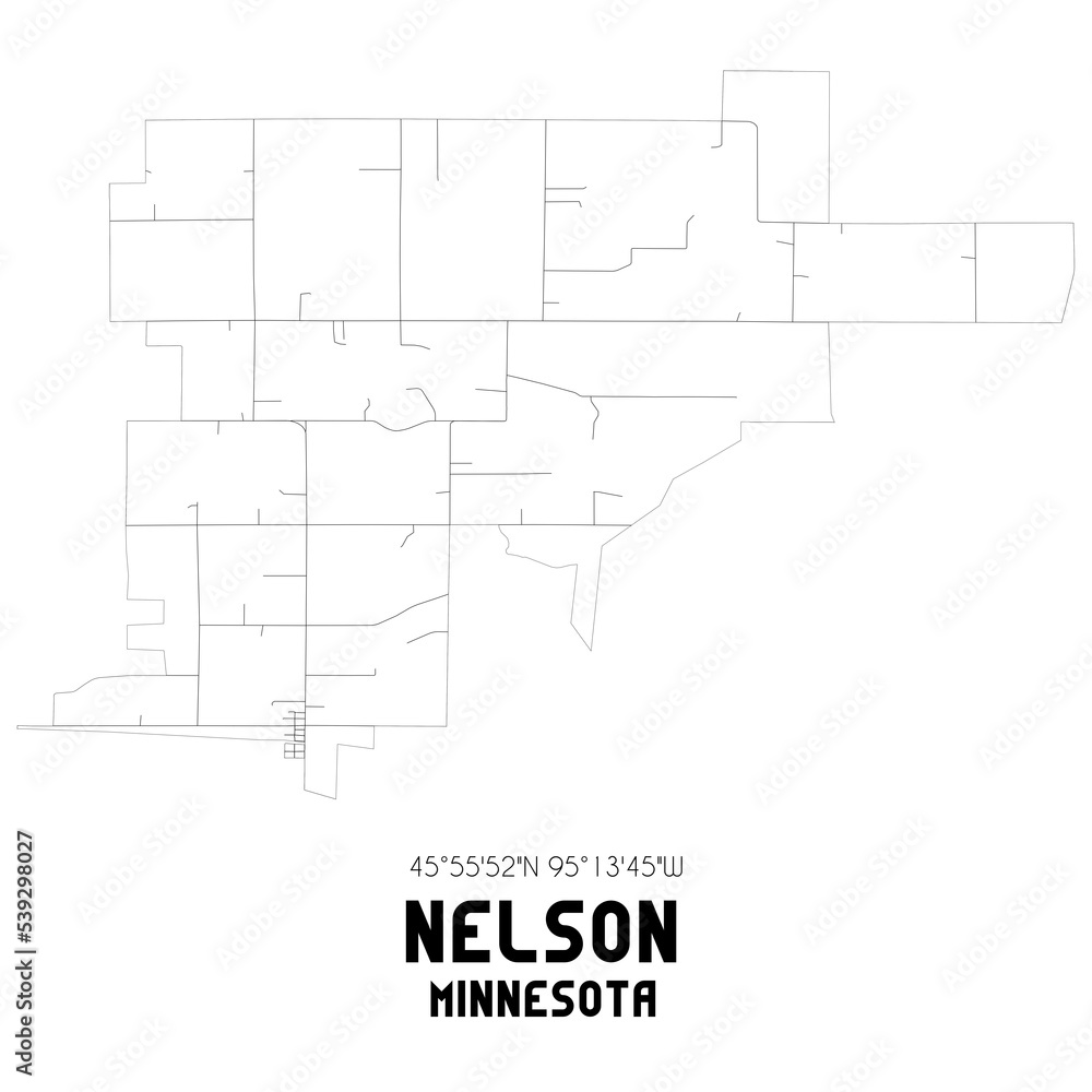 Nelson Minnesota. US street map with black and white lines.
