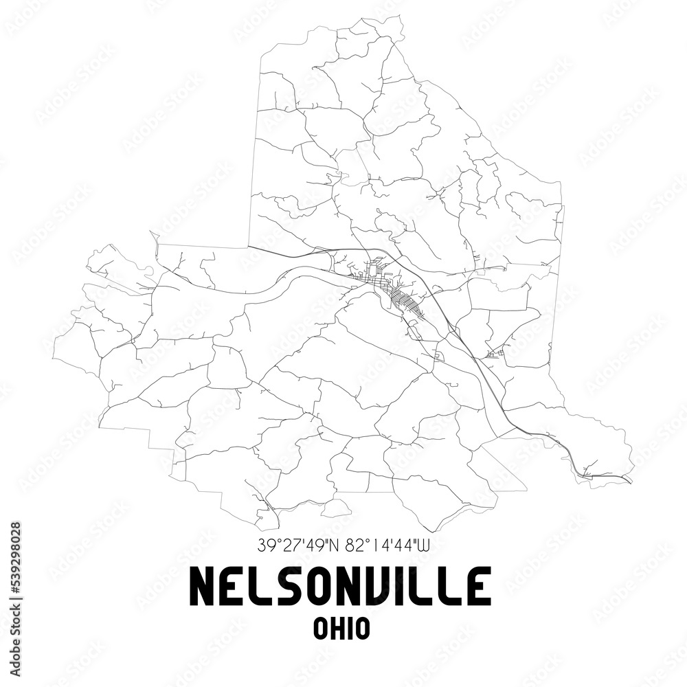 Nelsonville Ohio. US street map with black and white lines.