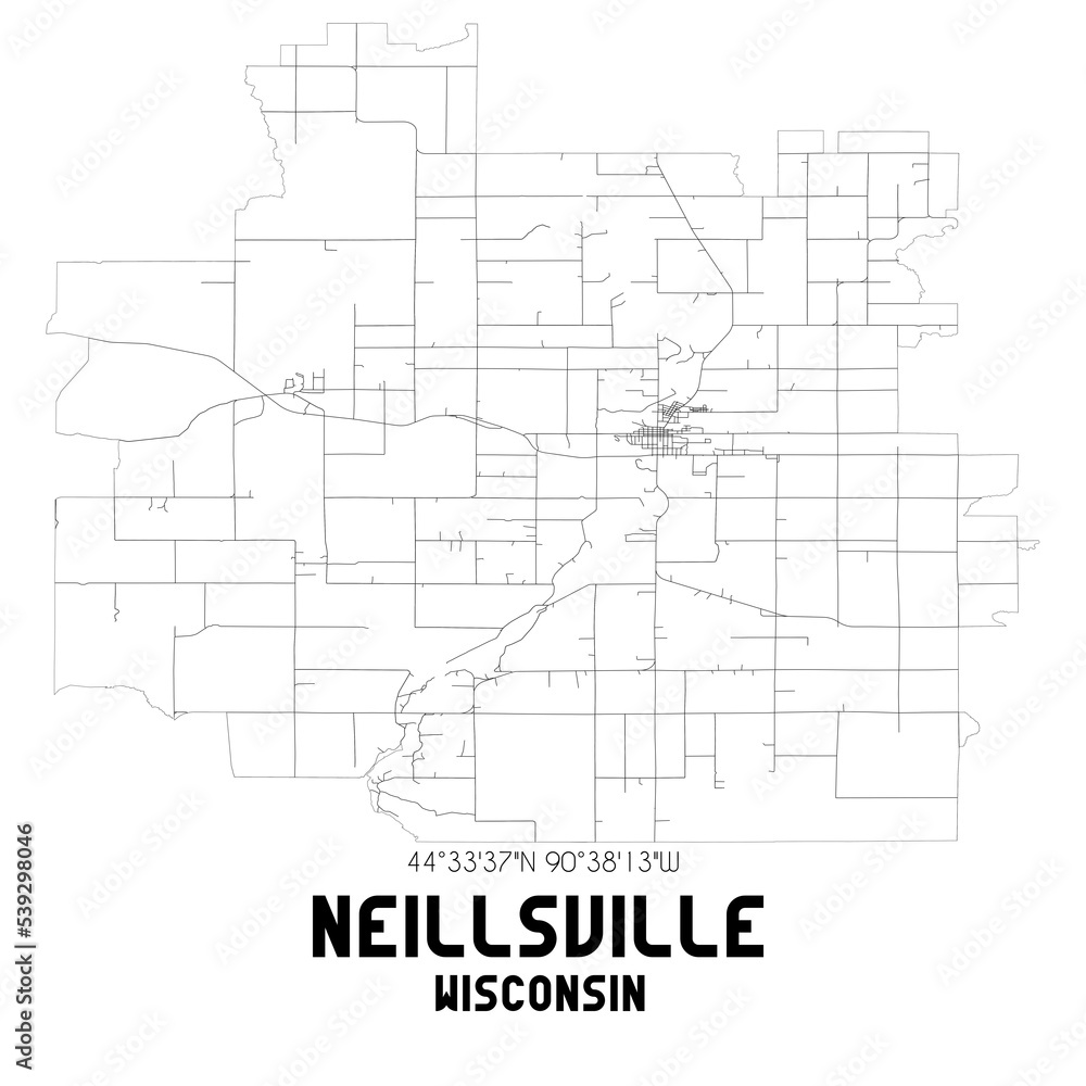 Neillsville Wisconsin. US street map with black and white lines.