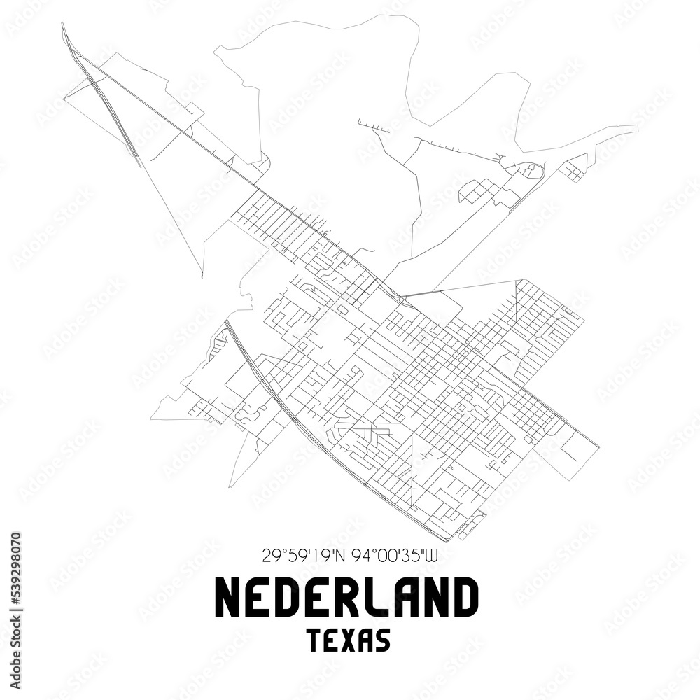 Nederland Texas. US street map with black and white lines.