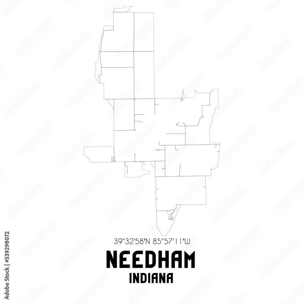 Needham Indiana. US street map with black and white lines.
