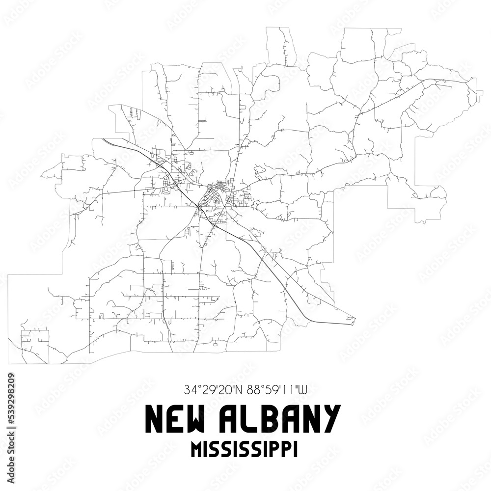 New Albany Mississippi. US street map with black and white lines.