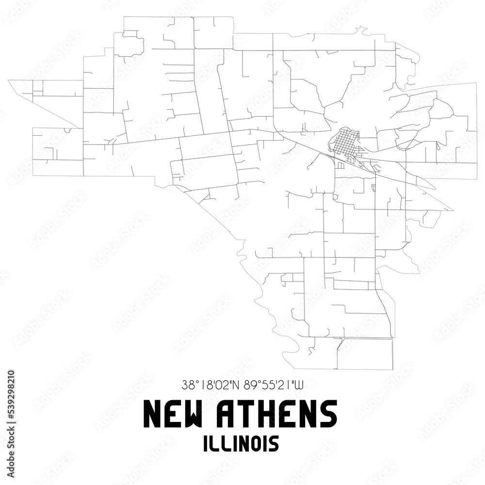 New Athens Illinois. US street map with black and white lines.