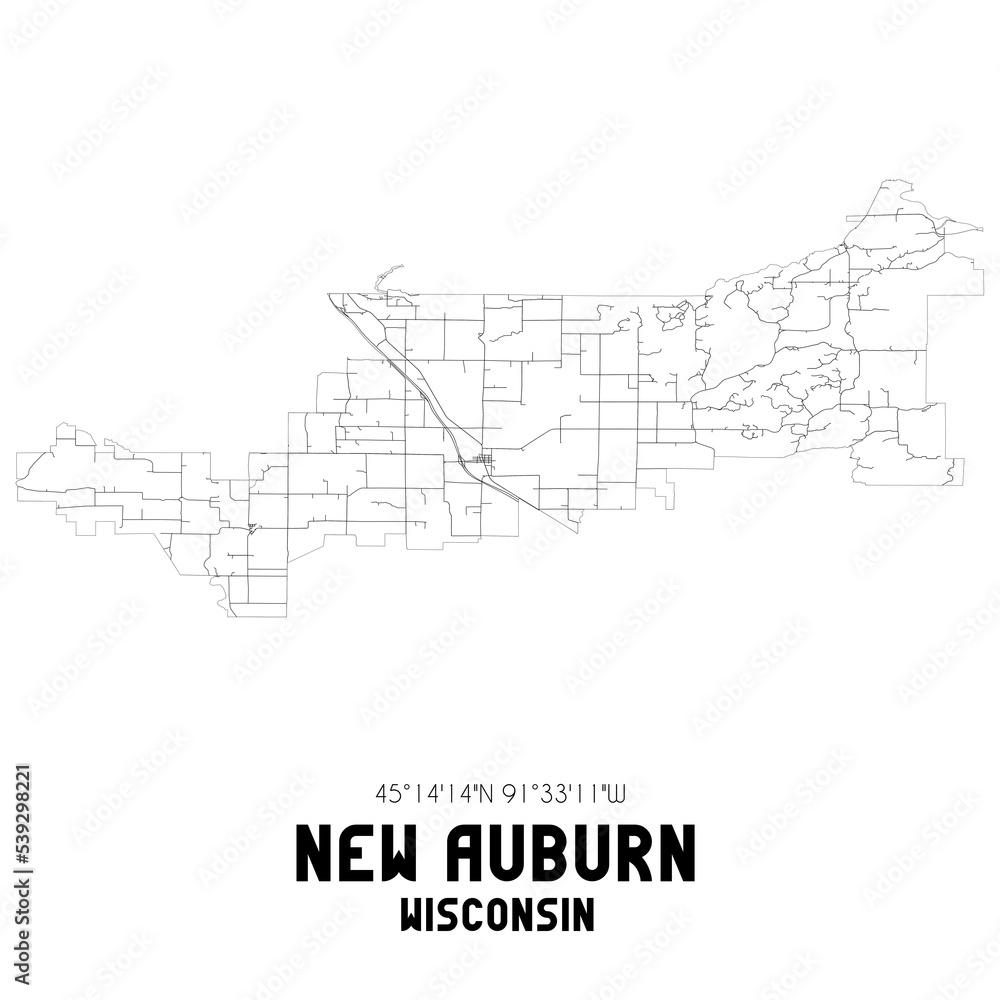 New Auburn Wisconsin. US street map with black and white lines.