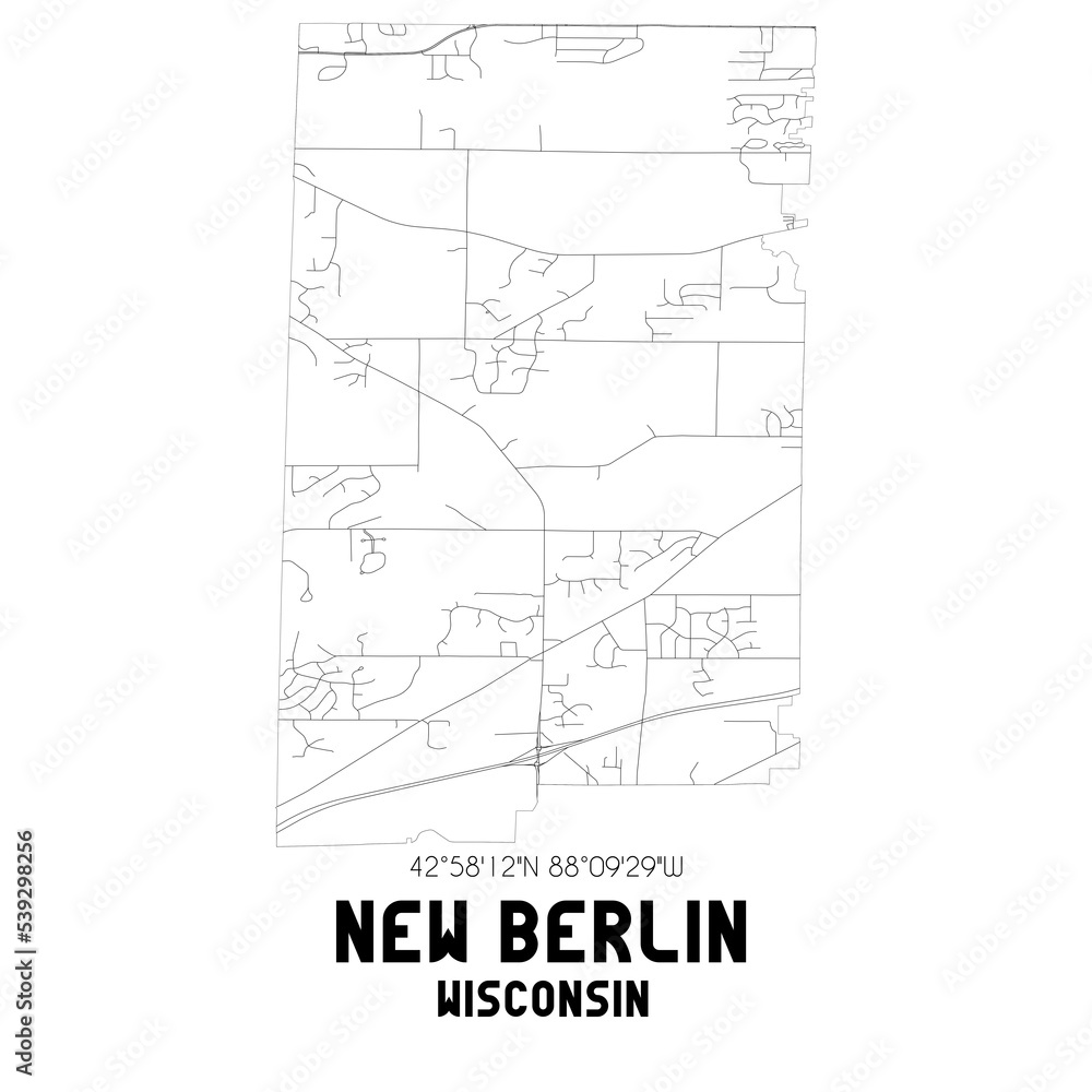 New Berlin Wisconsin. US street map with black and white lines.