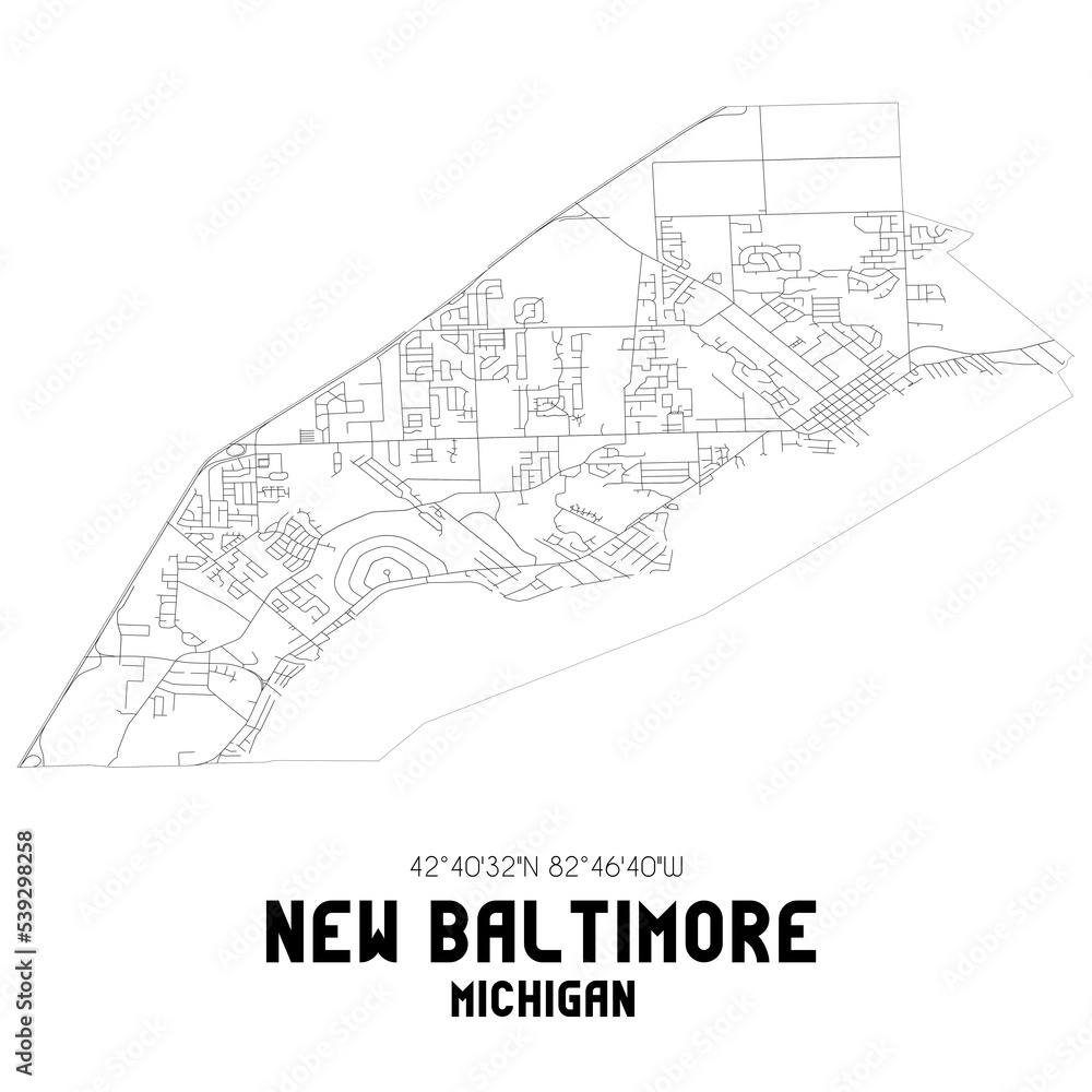 New Baltimore Michigan. US street map with black and white lines.