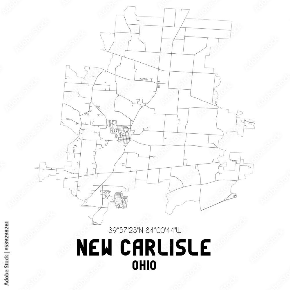 New Carlisle Ohio. US street map with black and white lines.