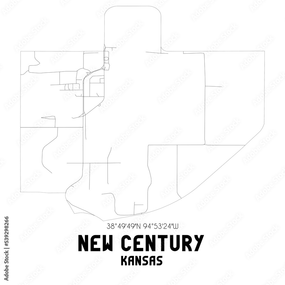 New Century Kansas. US street map with black and white lines.