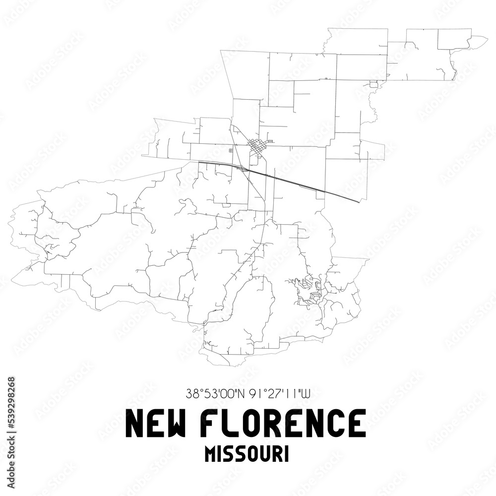 New Florence Missouri. US street map with black and white lines.