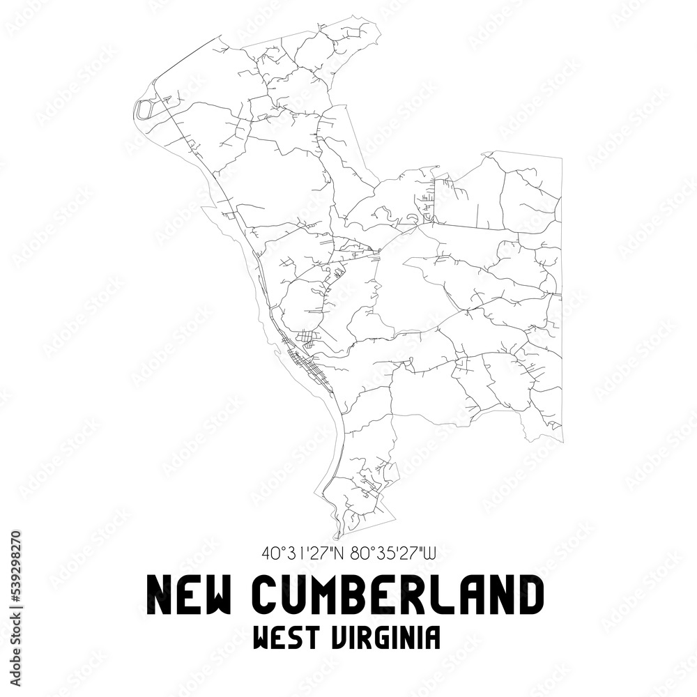 New Cumberland West Virginia. US street map with black and white lines.