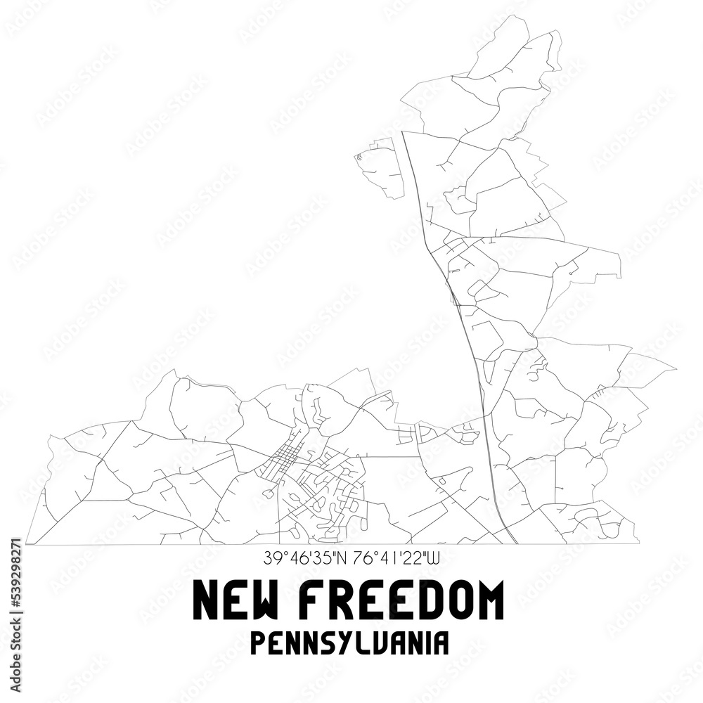 New Freedom Pennsylvania. US street map with black and white lines.